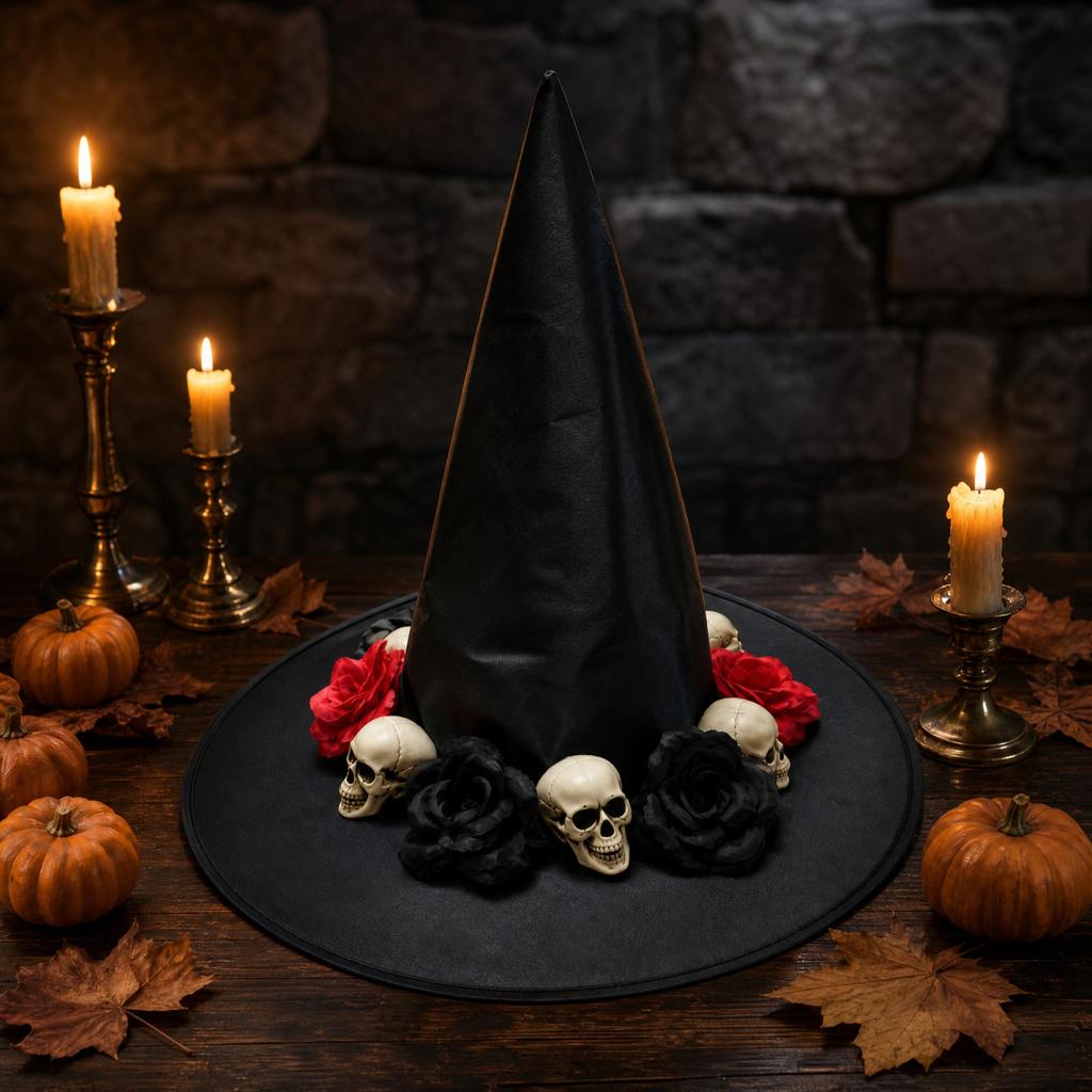 Black Satin Witch Hat for Halloween Costume Accessory