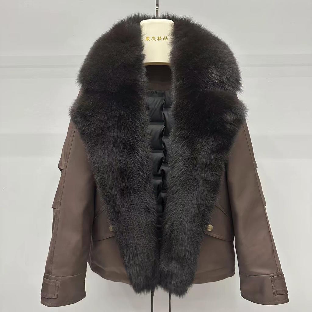 New fox fur collar suit collar fur jacket women's winter white duck down locomotive pie overcome down jacket