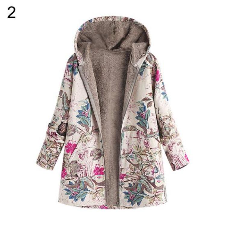 Women Fleece Lining Winter Hooded Coat Floral Leaf Print Long Sleeve