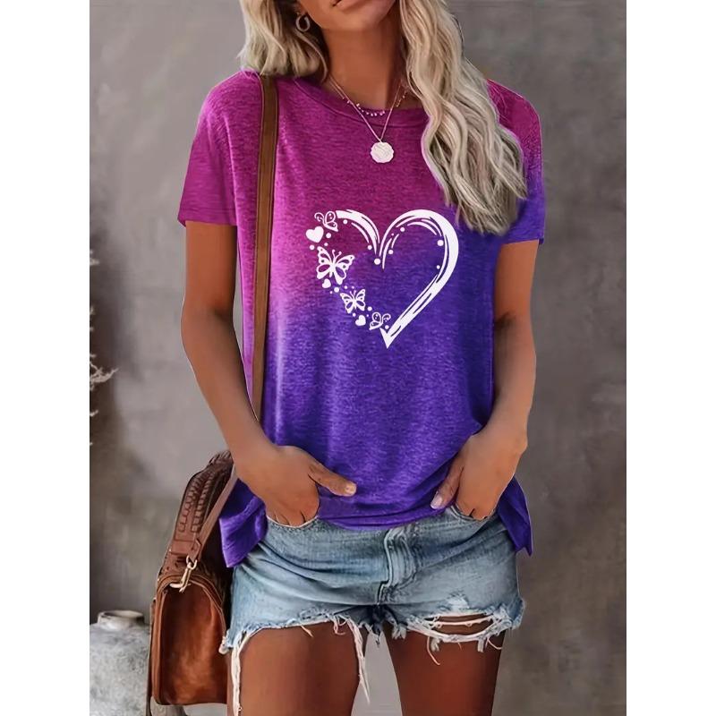 Summer Round Neck Gradient Short Sleeved Top 3D Dandelion Love Pattern Printed Women's T-shirts