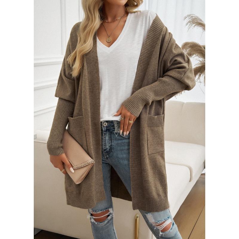 Women Bat Sleeve Cardigan Solid Color Knit Sweater Cardigan Coat