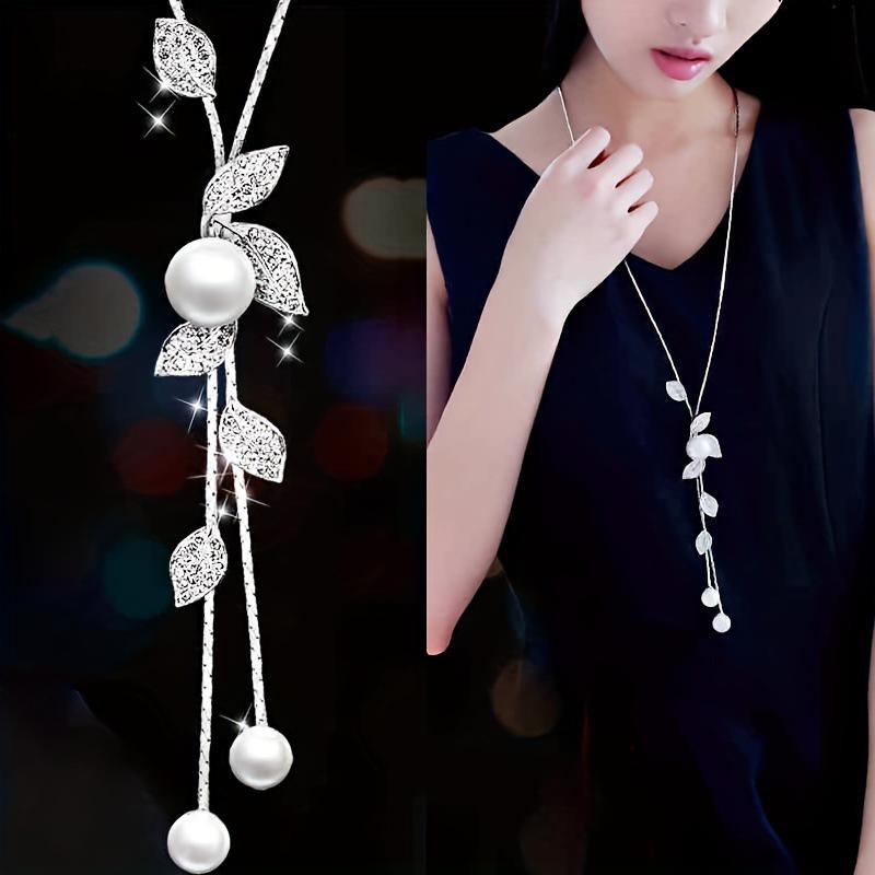 Trendy Korean Leaf & Pearl Tassel Sweater Chain Pendant for Women