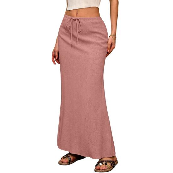 Maxi sukně v boho stylu s vysokým pasem, nastavitelnou stahovací šňůrkou, dlouhá sukně s rozparkem vzadu, jednobarevná, sukně pro office lady