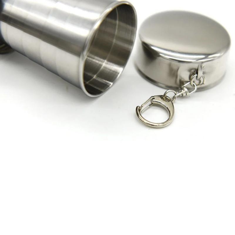 1Pc 75ML Stainless Steel Folding Cup Keychain Stainless Steel Folding Retractable Cup Teacups Teaware Folding Glass
