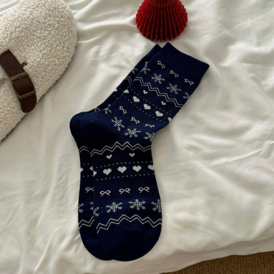 Damen Fair Isle Schneeflocken Mid-Calf Socken - Retro Ethno Stil, Herbst/Winter Baumwoll-Krempelsocken