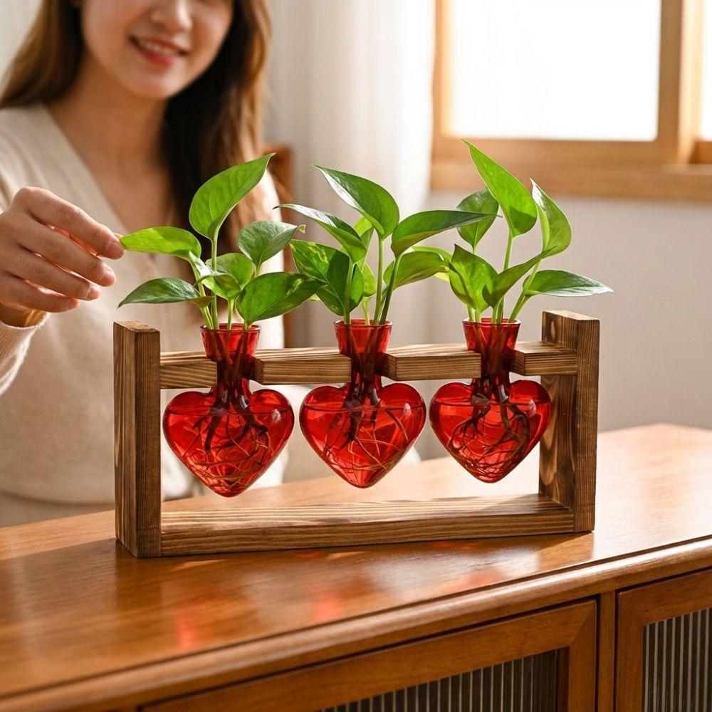 3/2 Flaschen Glas Herzform Vase Holzständer Holzrahmen Vase Blumentopf Heimdekoration