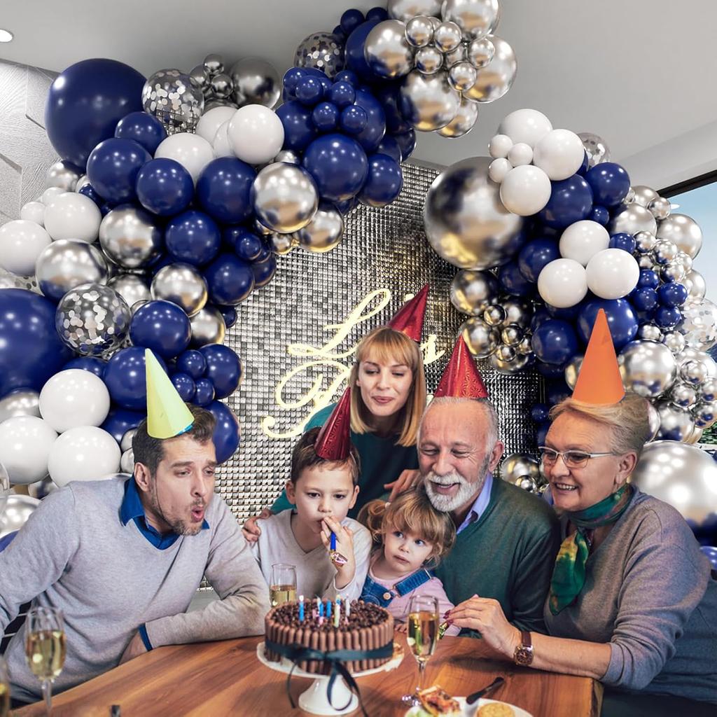 Navy Blue Silver Ballon Garland Arch Kit Royal Blue Metallic Silver White Balloons for Birthday Wedding Graduation Decorations