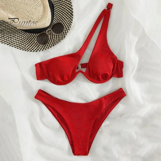 2Pcs/Set Women Sexy Bikini Set Solid Color One-shoulder Bra High Waist Briefs Set Quick Drying Swimsuit Beachwear