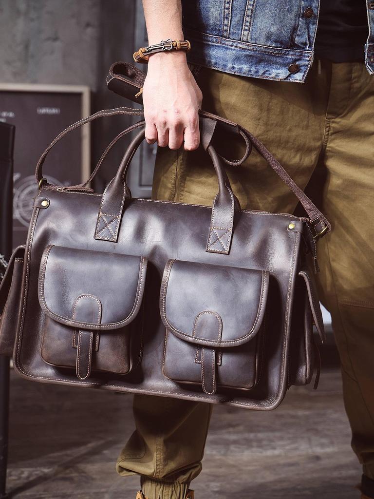 Men's Genuine Leather Crazy Horse Briefcase & Messenger Laptop Bag
