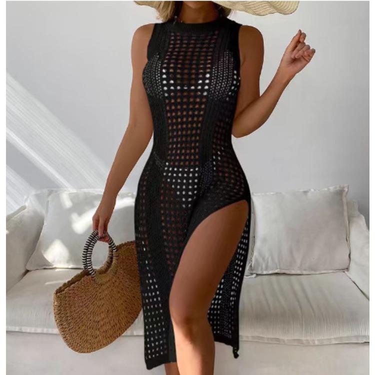 Sommerurlaub Sexy Einfarbig Rundhals Ärmellos Gestrickt Strand Sonnenschutz Überwurf Bequemes Kleid Leicht Elegant Schmeichelhaft Schickes Kleid