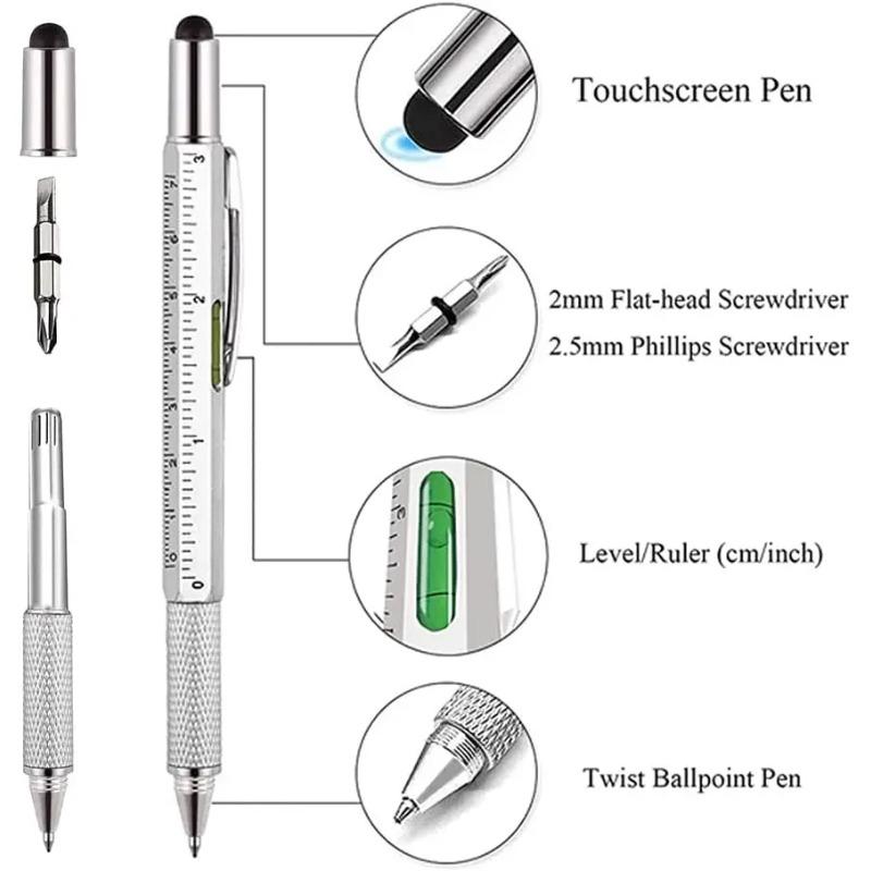 7 In 1 Multifunctional Pen Touch Screen Stylus Capacitive Pen with Screwdriver Ruler Levelgauge Refillable Ballpoint Pencil Tool
