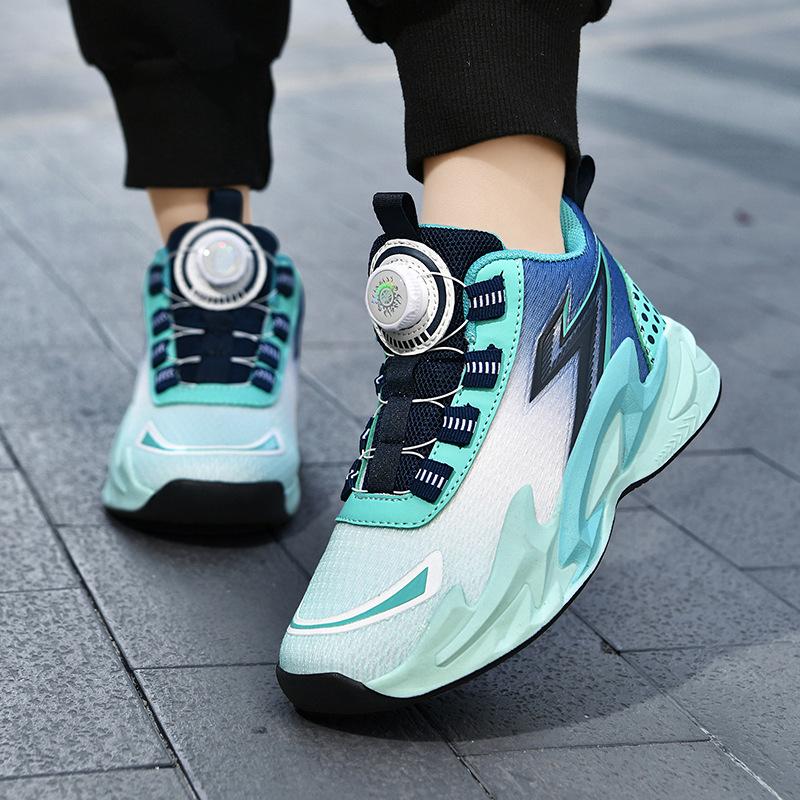 Boys' sports shoes mesh summer basketball shoes 2025 new middle-aged and older children's rotating button running shoes students