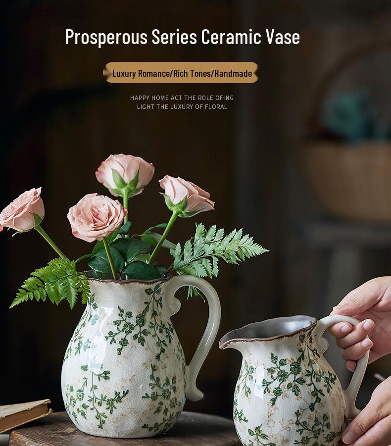 American Country Crackle Glaze Ceramic Milk Jug Vase - Pastoral Feng Shui Flower Arrangement Retro Decor