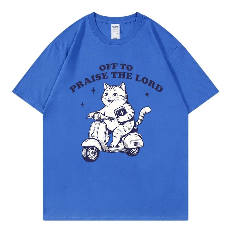 Off To Praise The Lord Christian T Shirt Funny Cat On Scooter With Bible Meme Tshirts Unisex Unisex Casual Fashion Loose Tshirt