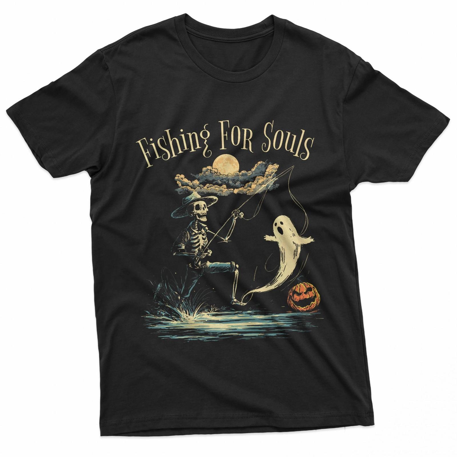 Fishing For Souls Vintage Skeleton Ghost Gothic Halloween T-Shirt XXXXL