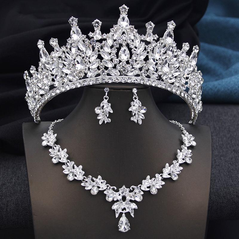Golden AB 3 Pcs Tiaras and necklace earrings for Bridal Jewelry Sets Women Brides Wedding Crown Prom Birthday Accessories