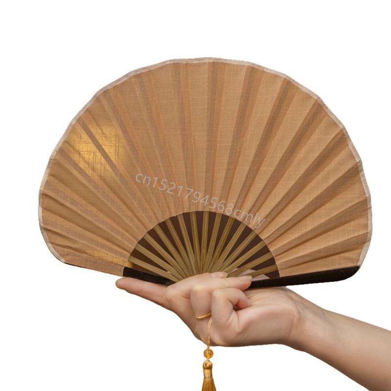 Solid Color Shell Fan Natural Fiber Fabric Foldable Breathable Handheld Retro Cooling Fan 6XDE