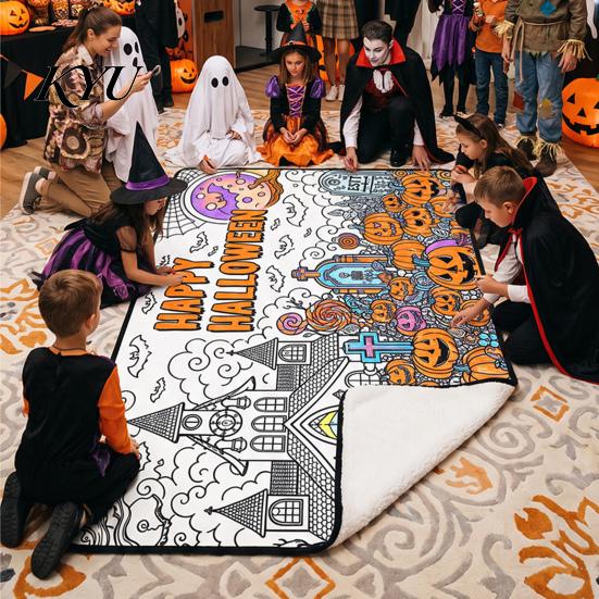 Creative Activity for Women Halloween DIY Coloring Blanket, Color Your Own Throw Blanket with Optional Art Therapy Gifts 24 Markers, Washable