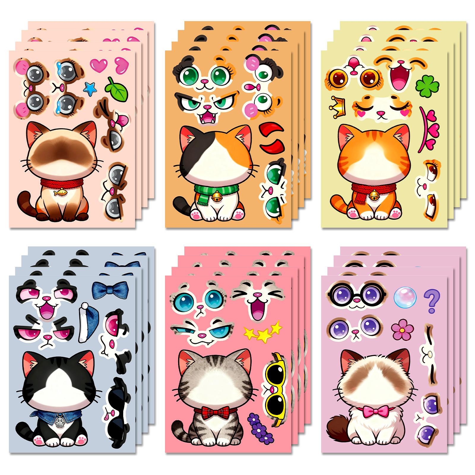 

6 Sheets/Pack Cartoon Cat Whole Body Puzzle Face Change Sticker Children S Handmade Puzzle Sticker