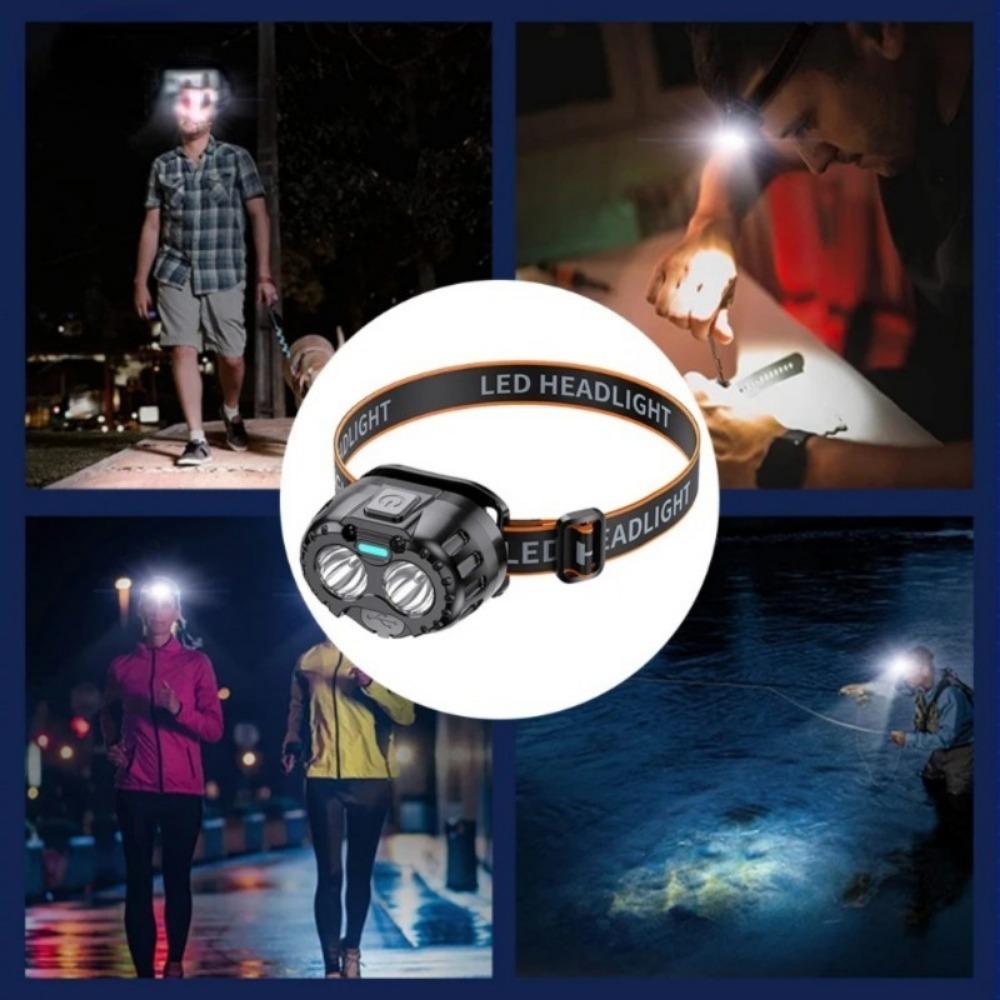 Dual Lamp Core nductionPowerful LED Headlight  90° Adjustment USB Charging Portable Emergency High Brightness Head Flashlight Motion Sensor
