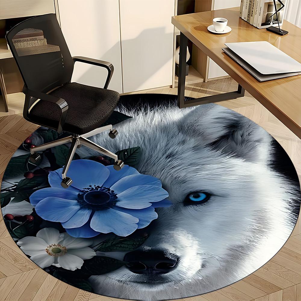1pc Wolf Flowers Office Round Area Rug, Indoor Mat Suitable ForOffice, Under Office Chairs Bedroom Living Room Home Decor, Room Deco T183