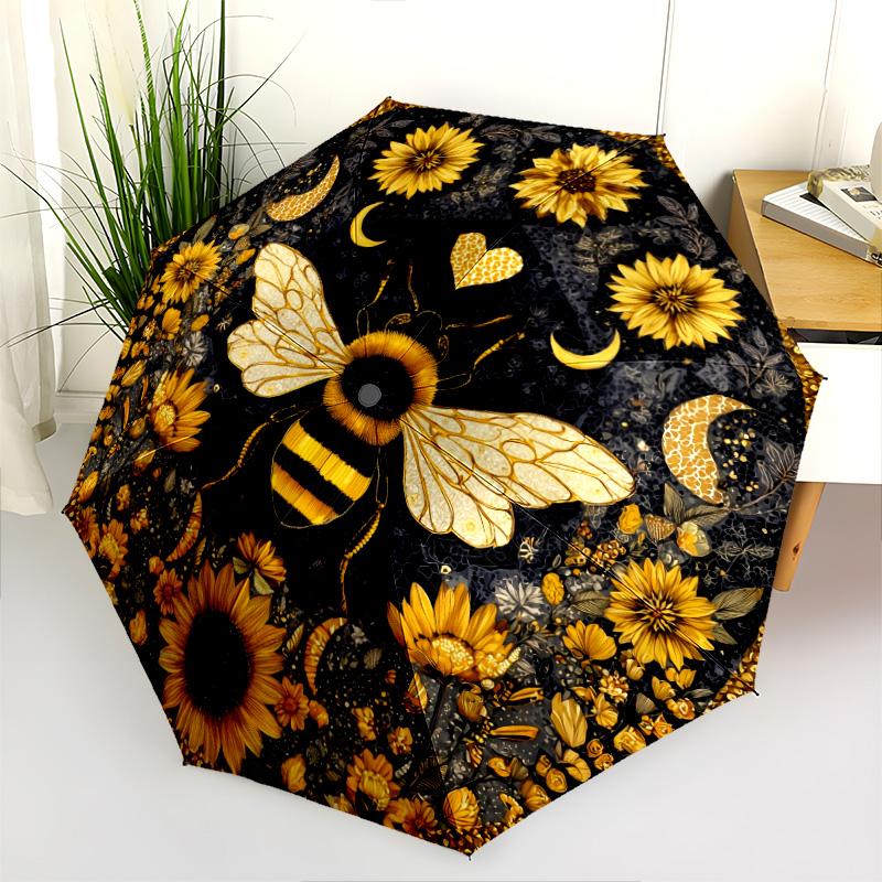 Bee Flower  Pattern, Automatic Folding Umbrella, Portable and Foldable Design, 8 Ribs, a Christmas or Birthday Gift.