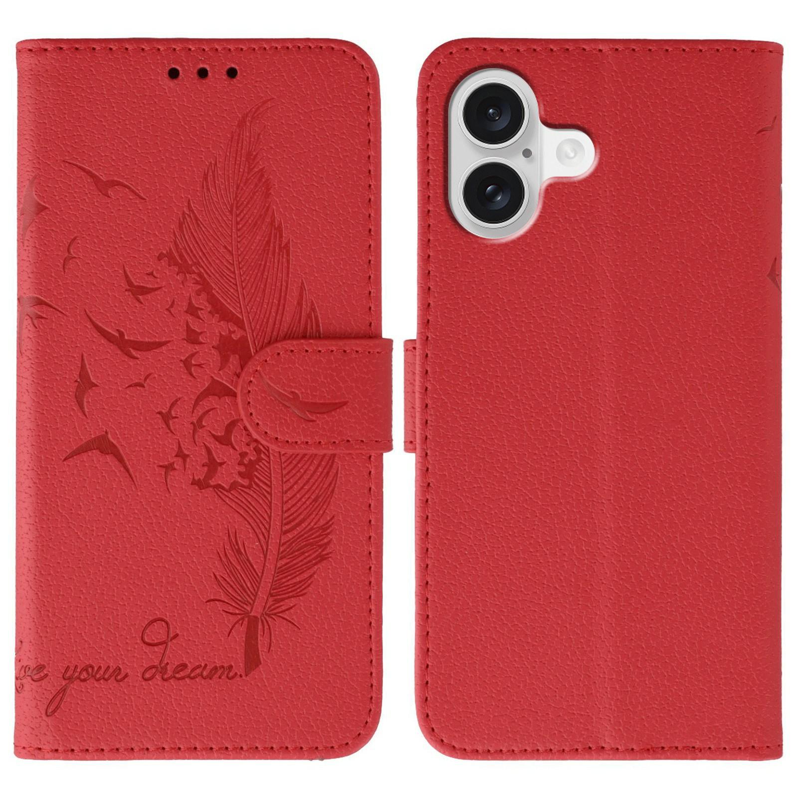 

For iPhone 17 Case Feather Imprint PU Leather Wallet Phone Cover Red