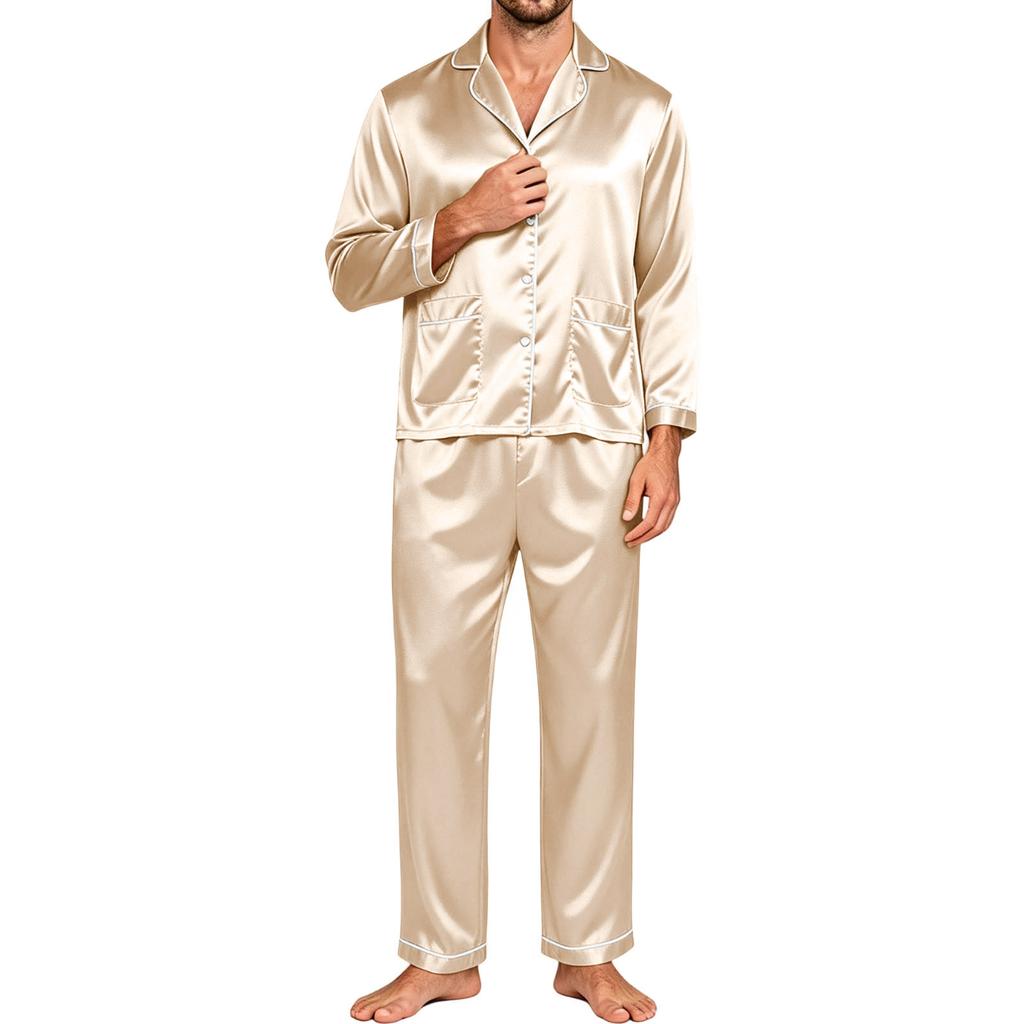 Men's Matching Couple Pajama Set Long Sleeve Button-Down Top and Pants Loungewear Sleepwear Set for Home