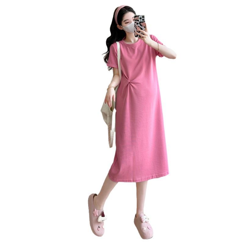 Summer 2026 Classic Maternity Knit Dress - Round Neck, Slim Fit, Short Sleeve, Plus Size