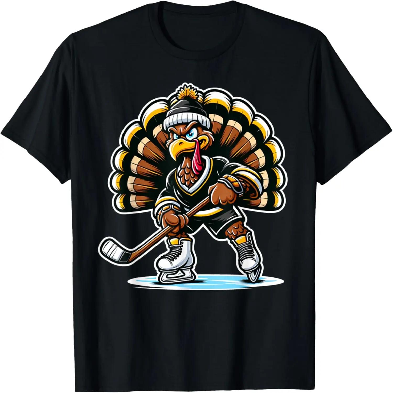 Funny Turkey Playing Ice Hockey Thanksgiving Sports Humor T-Shirt S