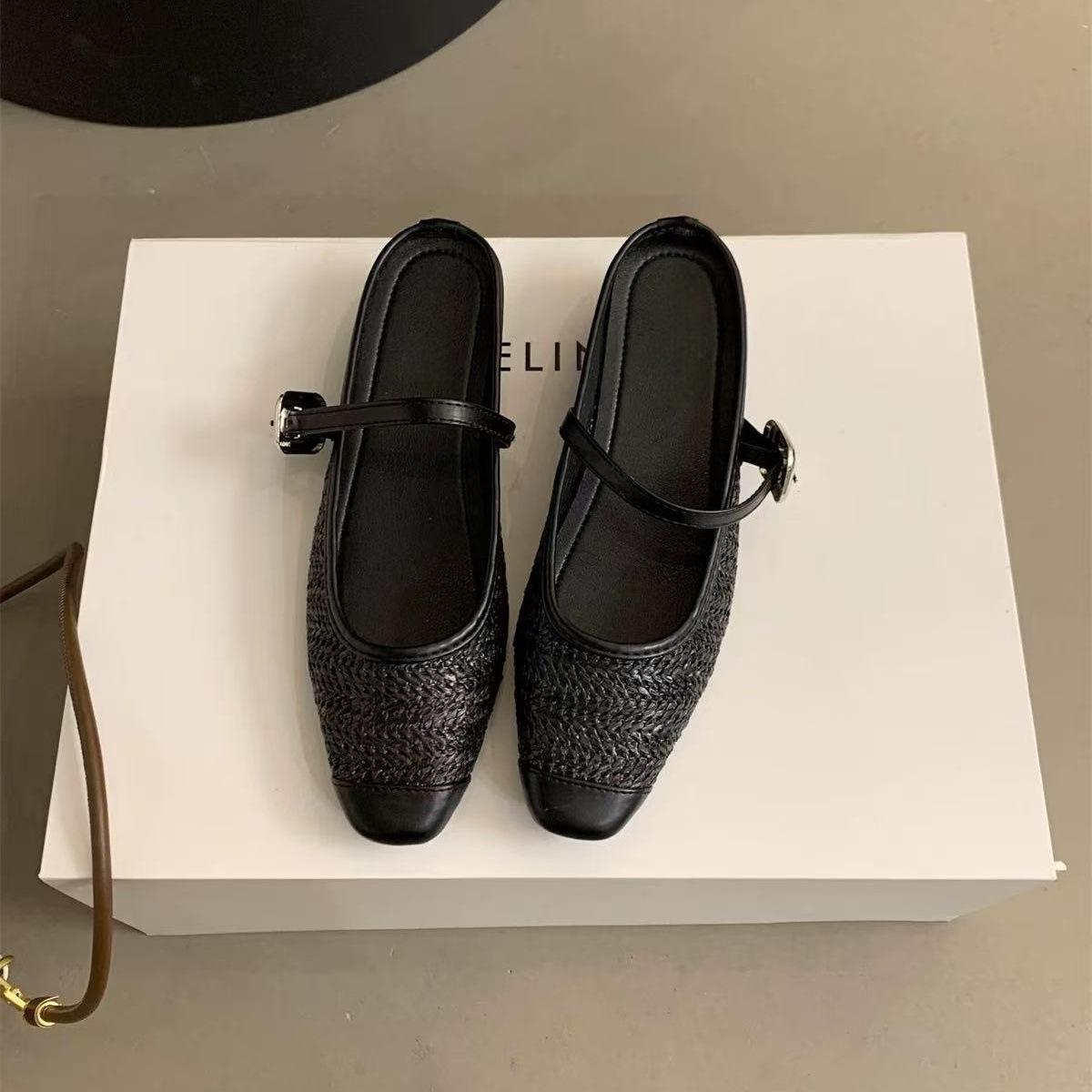 

Grape mother studiolee height increased by 5cm~ holiday style straw woven square head sandals lazy one pedal half drag female summer 39