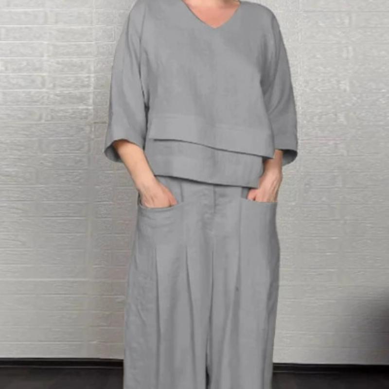 Women's V-Neck 3/4 Sleeve Top with Wide Leg Pants Set, Casual Loose Fit Outfit, Pocket Details