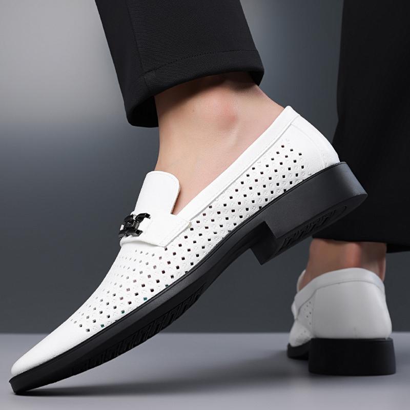 New Fashion Leather Men's Sandals Leather Shoes Summer Leather Holes Breathable Hollowed Out White Business Dress Casual Shoes