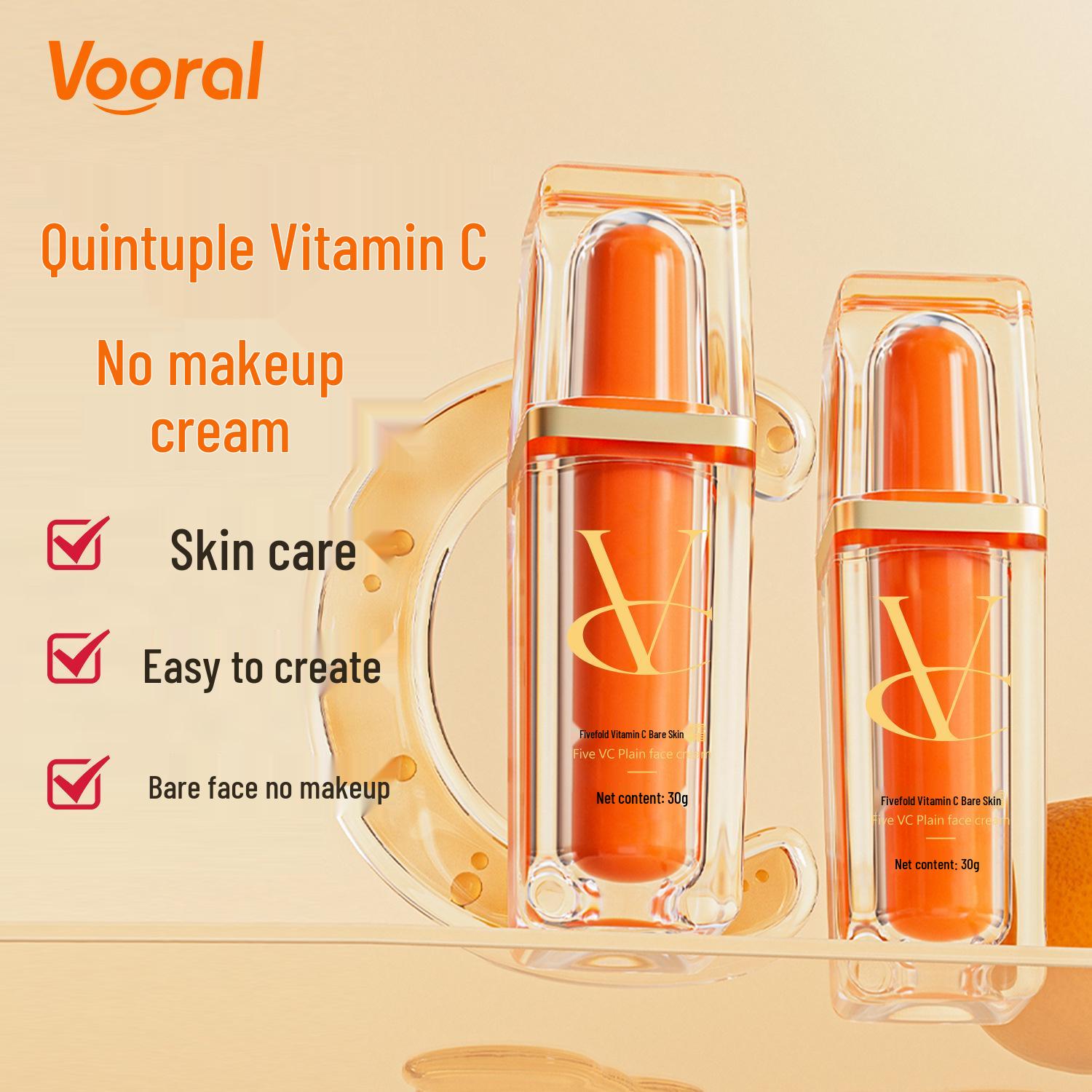 Five-Fold Vitamin C BB Cream: Brightens, evens skin tone, lightweight, long-lasting, natural finish, non-drying.