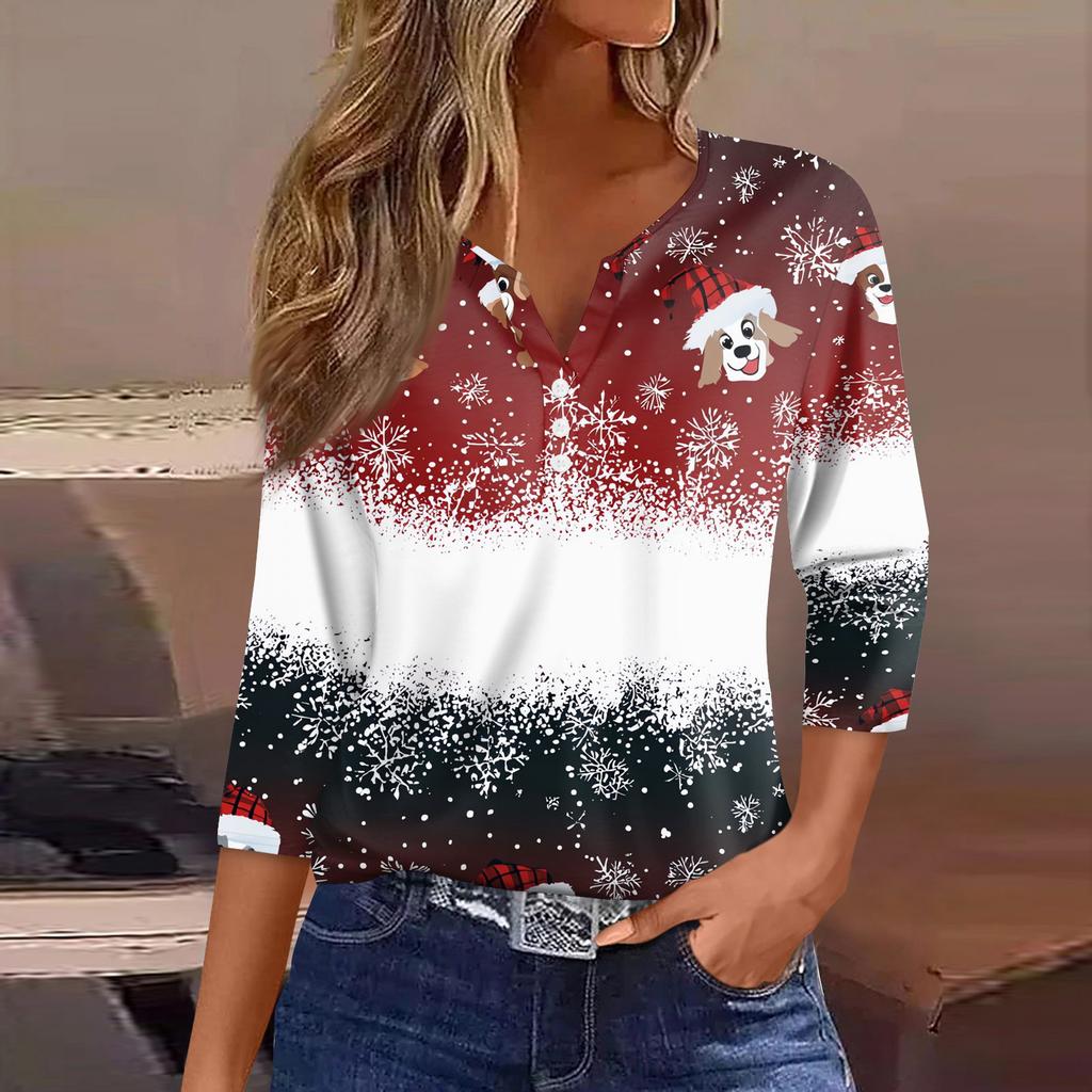 Women's T Shirt Tee Christmas Printed Button 3/4 Sleeve Tunic Daily Weekend Fashion Basic V- Neck Regular Top