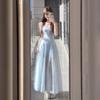 French Blue Square Neck Suspender Dress Women's Summer Vacation Dress Slim Waist Skirt Gentle Wind Fluffy Long Dress