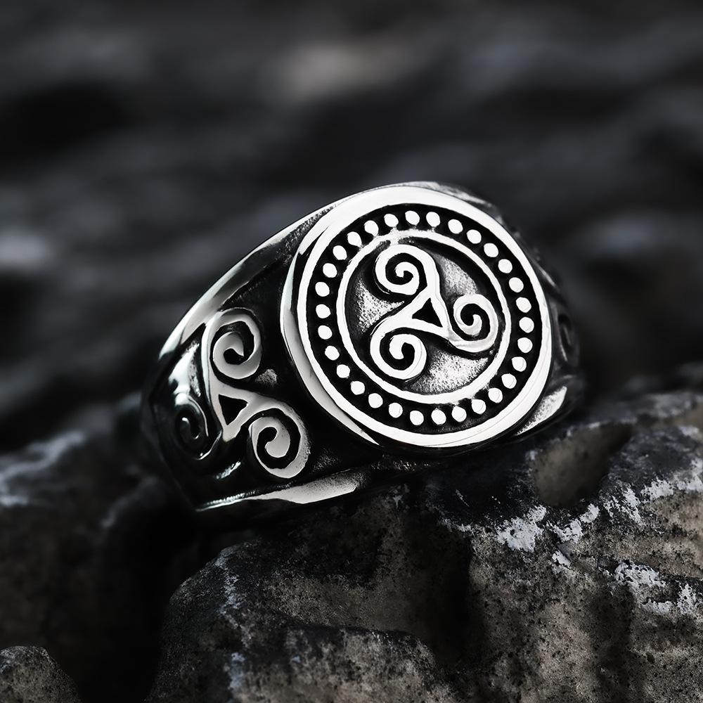 Vintage Stainless Steel Men's Ring With Norse Viking Swirl Design