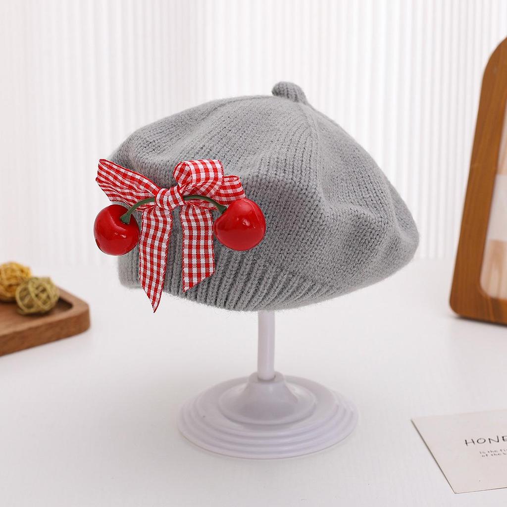 Charming Woolen Beret with Bow & Cherry for Kids - Autumn & Winter Solid Color Hat
