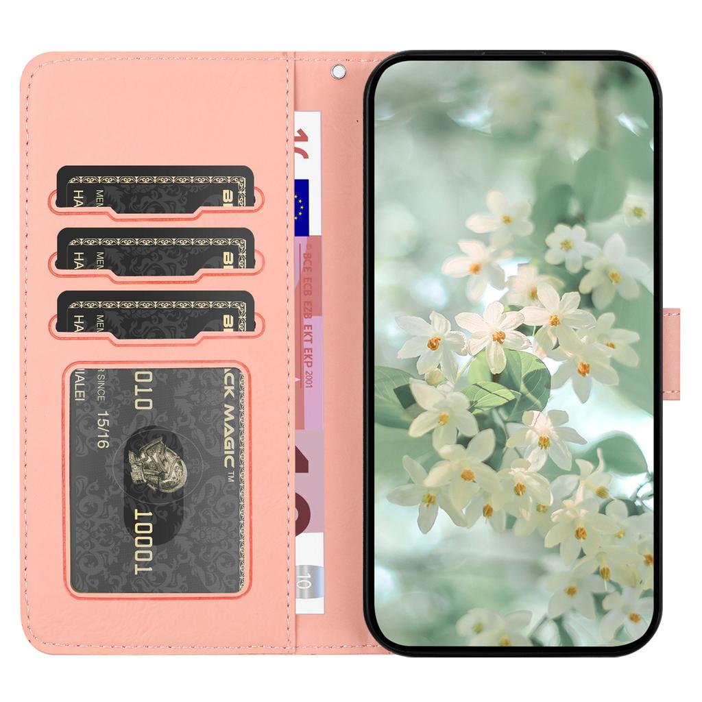 For iPhone 16 Pro Case Flower Imprint Leather Flip Wallet Phone Cover with Wrist Strap