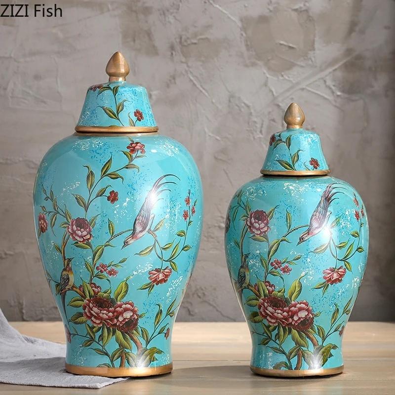 Malované keramické vázy Ozdoby Klasické květiny a ptáci Vázy Víceúčelové Starožitné porcelánové úložné nádoby Rustikální domácí dekorace