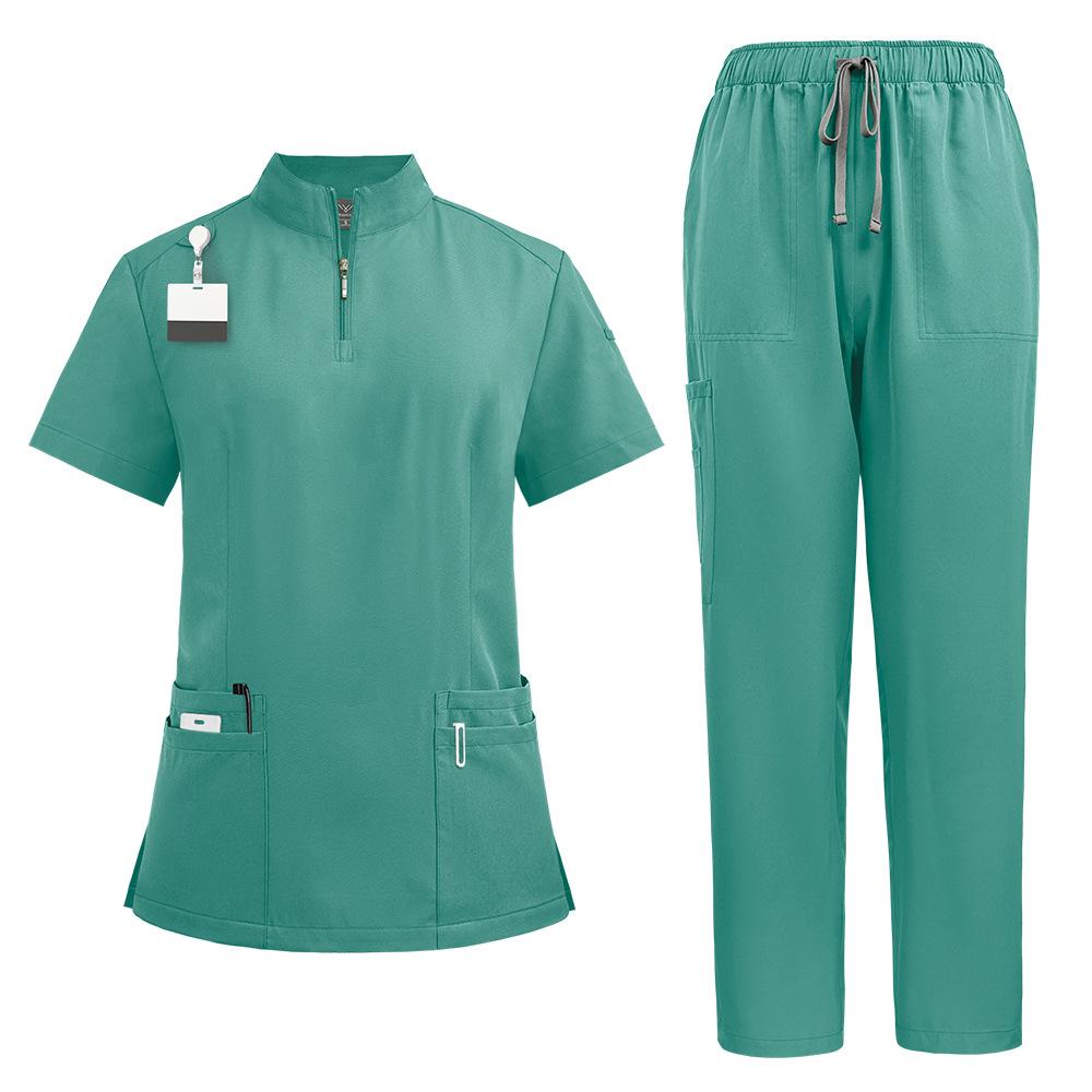 Stand-up Collar Zipper Doctor and Nurse Work Uniform Surgical Gown Straight Pants Solid Color Suit