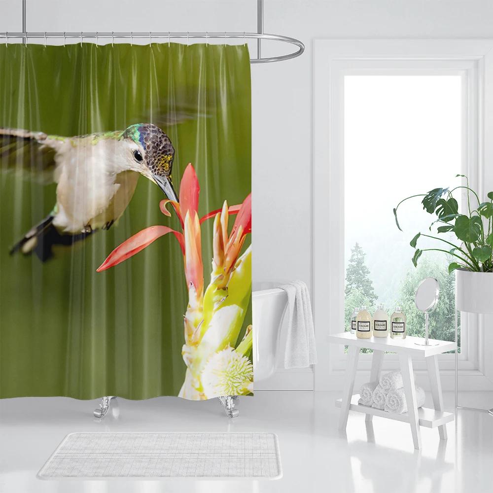 Spring Floral Hummingbird Shower Curtain for Bathroom Watercolor Flowers Birds Fabric Bath Curtains Modern Art Decor with Hook