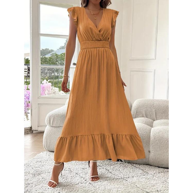 Women V Neck Sleeveless Ruffle Maxi Dress High Waist Solid Color Summer Beach Vacation Dress
