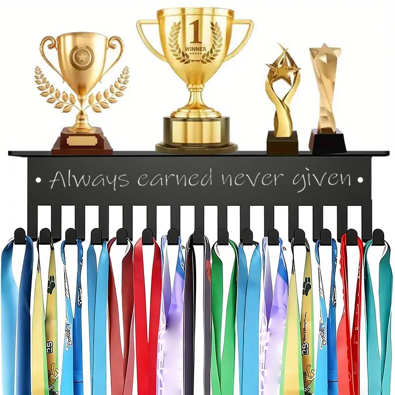 

Wall-Mounted Black Metal Trophy Display Rack Sports Reward Organizer Medal Hanger With 15 Hooks Home Decor Motivational Gift A