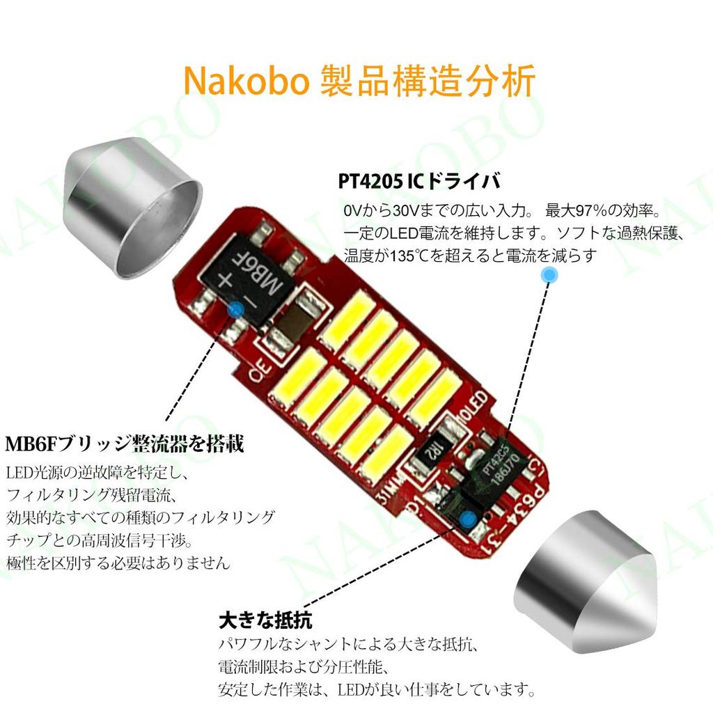NAKOBO T10 X 31mm LED Room Steady 4014 Hour 10 Pieces Lamp, Flow, 12-24V Compatible, Built-in Canceller, Non-Polar, 2W, Element, 50,000 Lifespan,