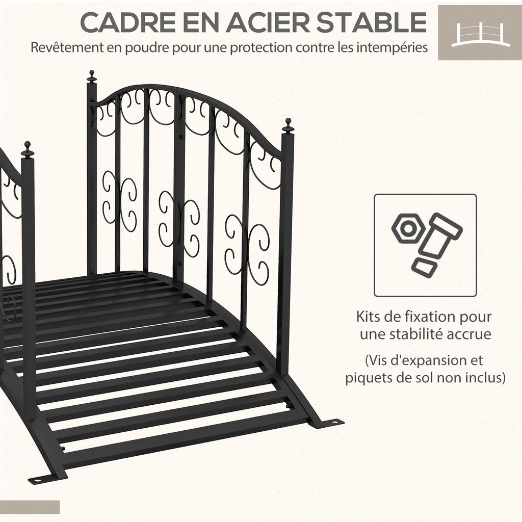 Garden Bridge, Steel, Side Railings, 120 kg Load, 119 x 67 x 70 cm, Black