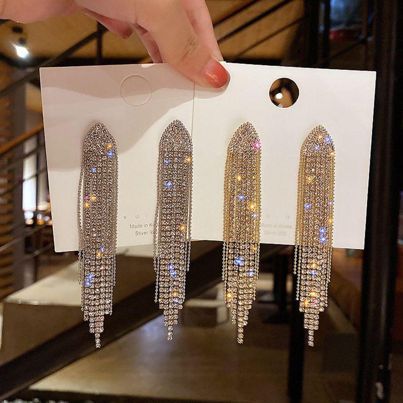 925 Silver Needle Full Diamond Geometric Triangle Earrings European and American Fashion Long Tassel Earrings Trendy Personality Earrings for Women