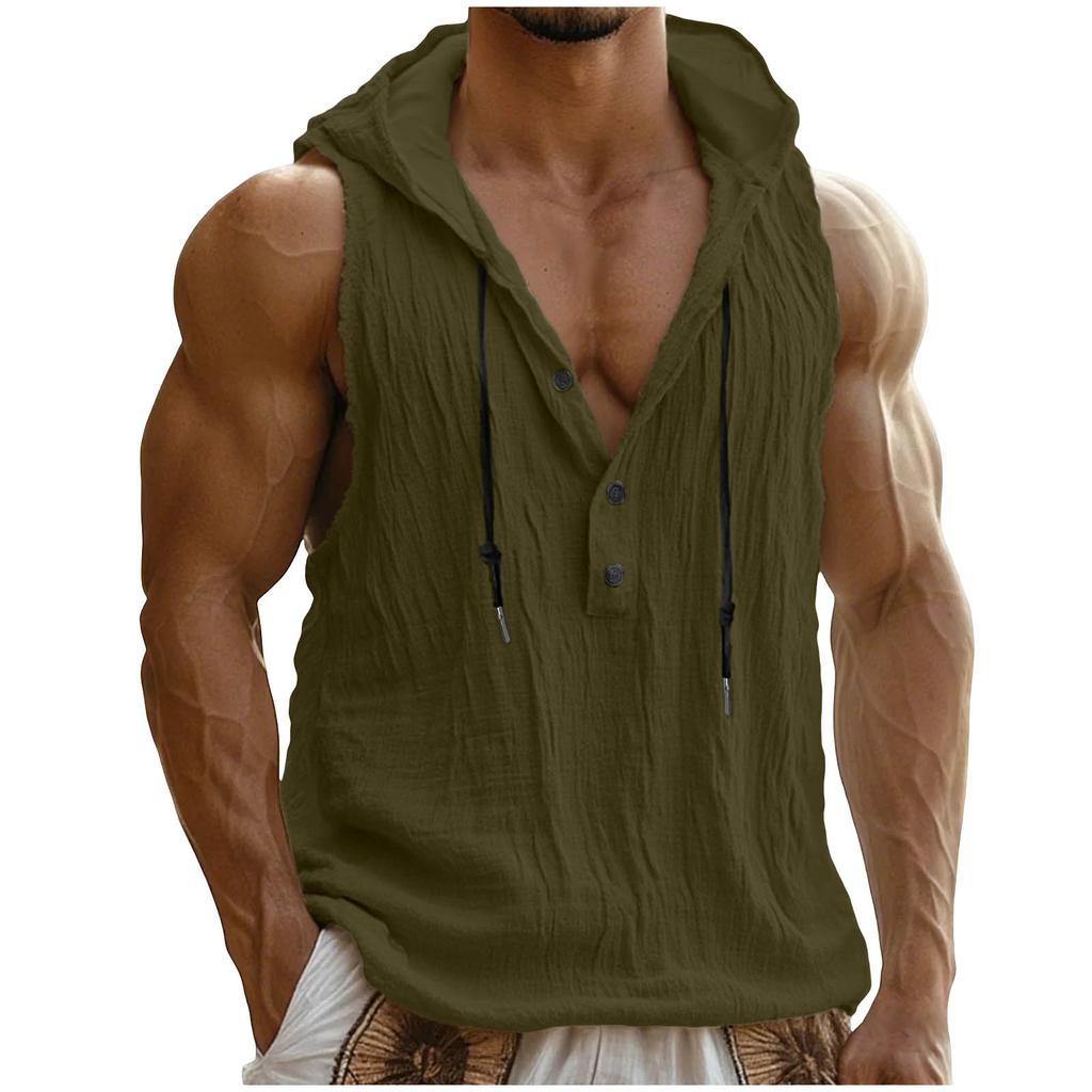 Men's Linen Sleeveless Hooded Button Vest - Lightweight Loose Fit Beach Hawaiian Summer Top for Casual Wear