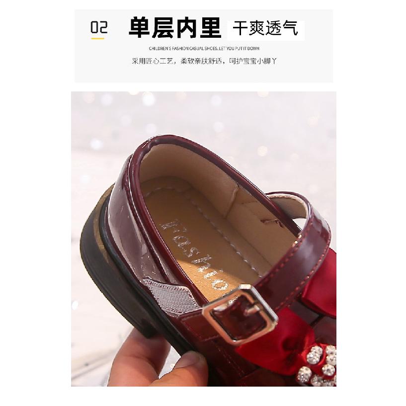 Children's College-Style Leather Shoes2026New Autumn Cute Rhinestone Double Bow Solid Color Fashion Performance Shoes