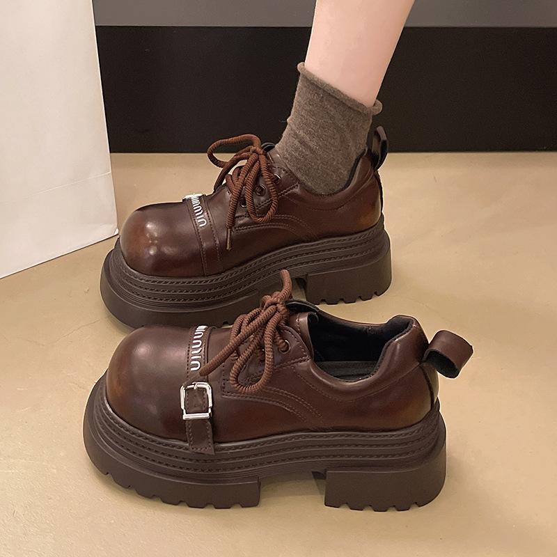 

Европейская станционная платформа лоферы с большой головой женская обувь 2025 весна новая британский стиль увеличивающие рост маленькие кожаные туфли на шнуровке одинарные туфли 40 коричневый